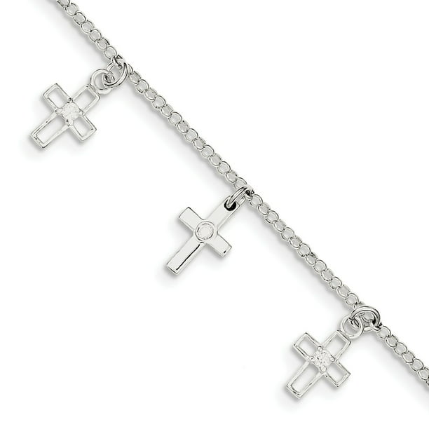 Solid 925 Sterling Silver & CZ Cubic Zirconia Polished Cross Children's Bracelet 8mm with Secure Lobster Lock Clasp 